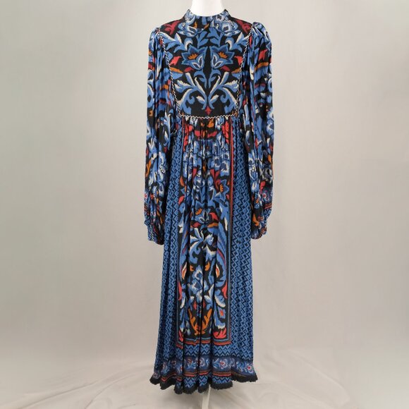 FARM Rio Dresses & Skirts - Farm Rio Gathered Printed Crepe de Chine Bishop-Sleeve Maxi Dress, Blue/Red, L